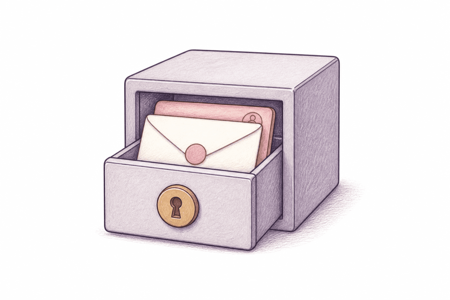 Editorial illustration of a quiet locked drawer holding a contact card and envelope.