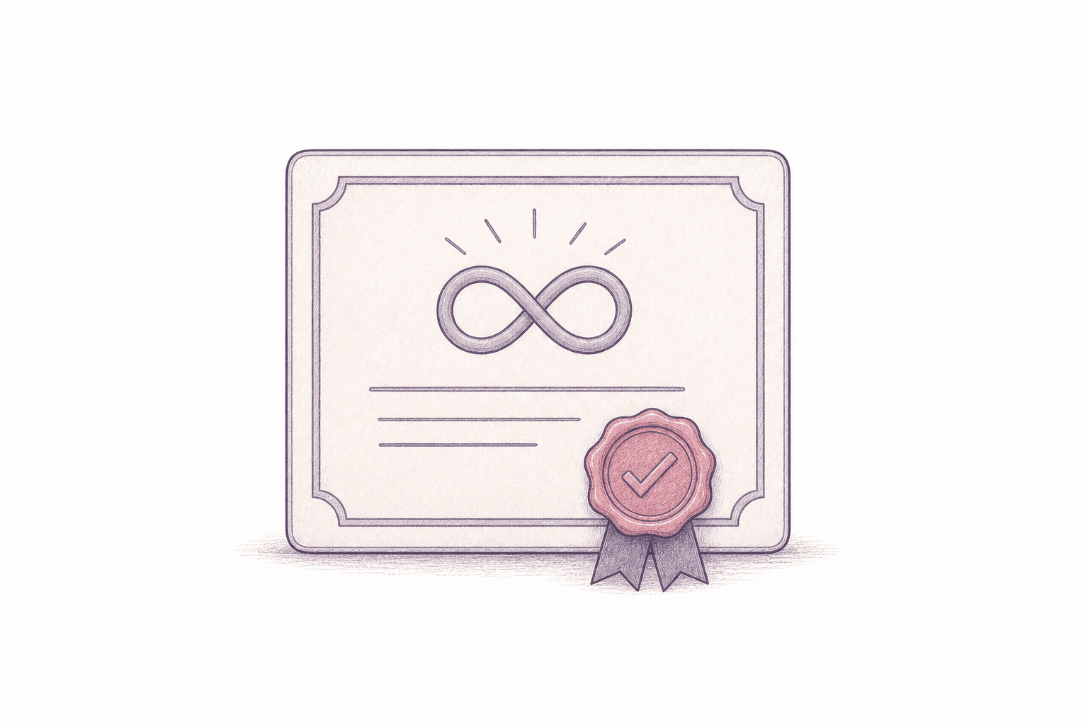 Editorial illustration of a perpetual software license certificate with a seal.