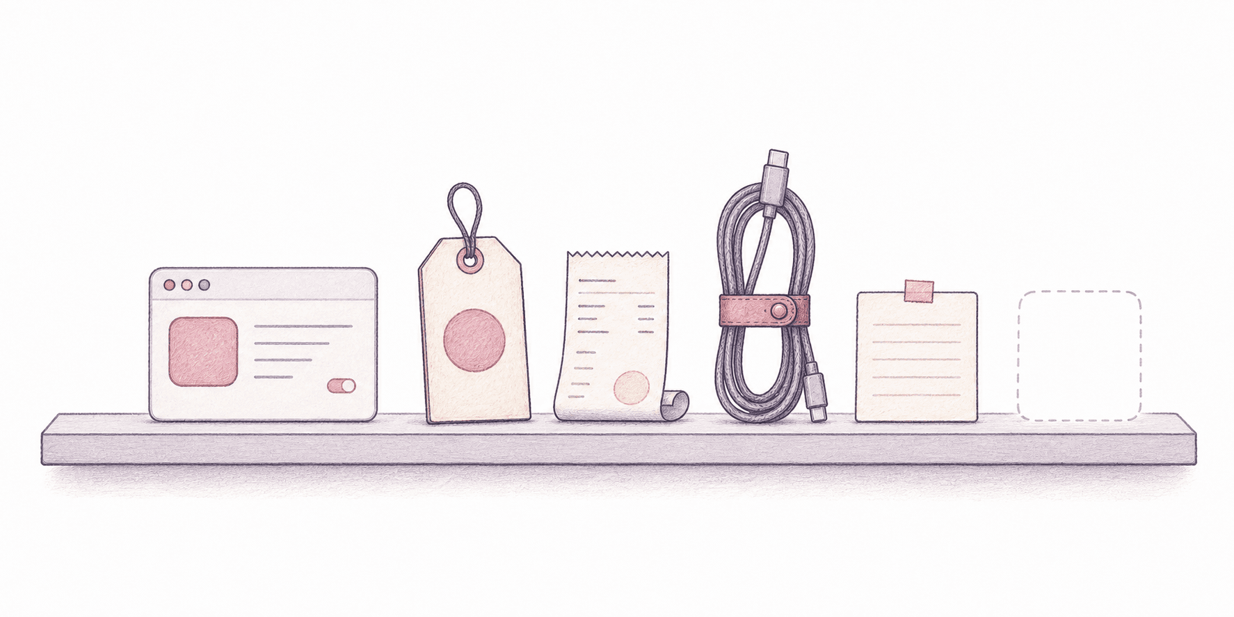 Editorial illustration of a small curated shelf of tools and notes.