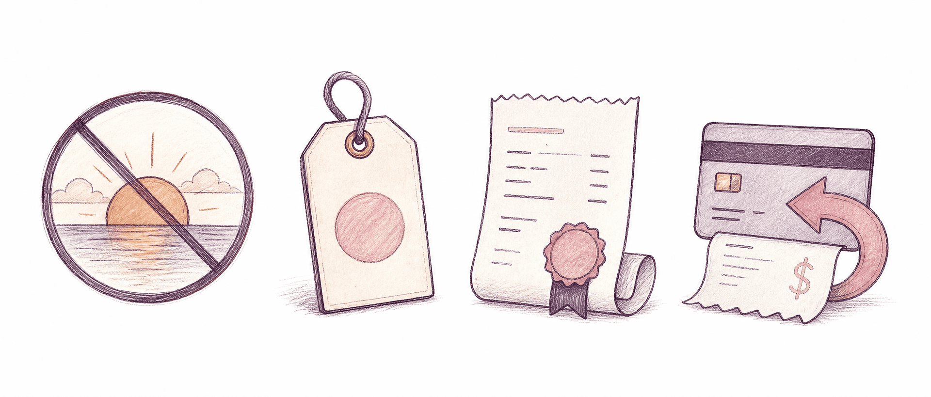 Editorial illustration representing the four contract clauses: no sunset, one honest price, a sealed receipt, and a refund reply.