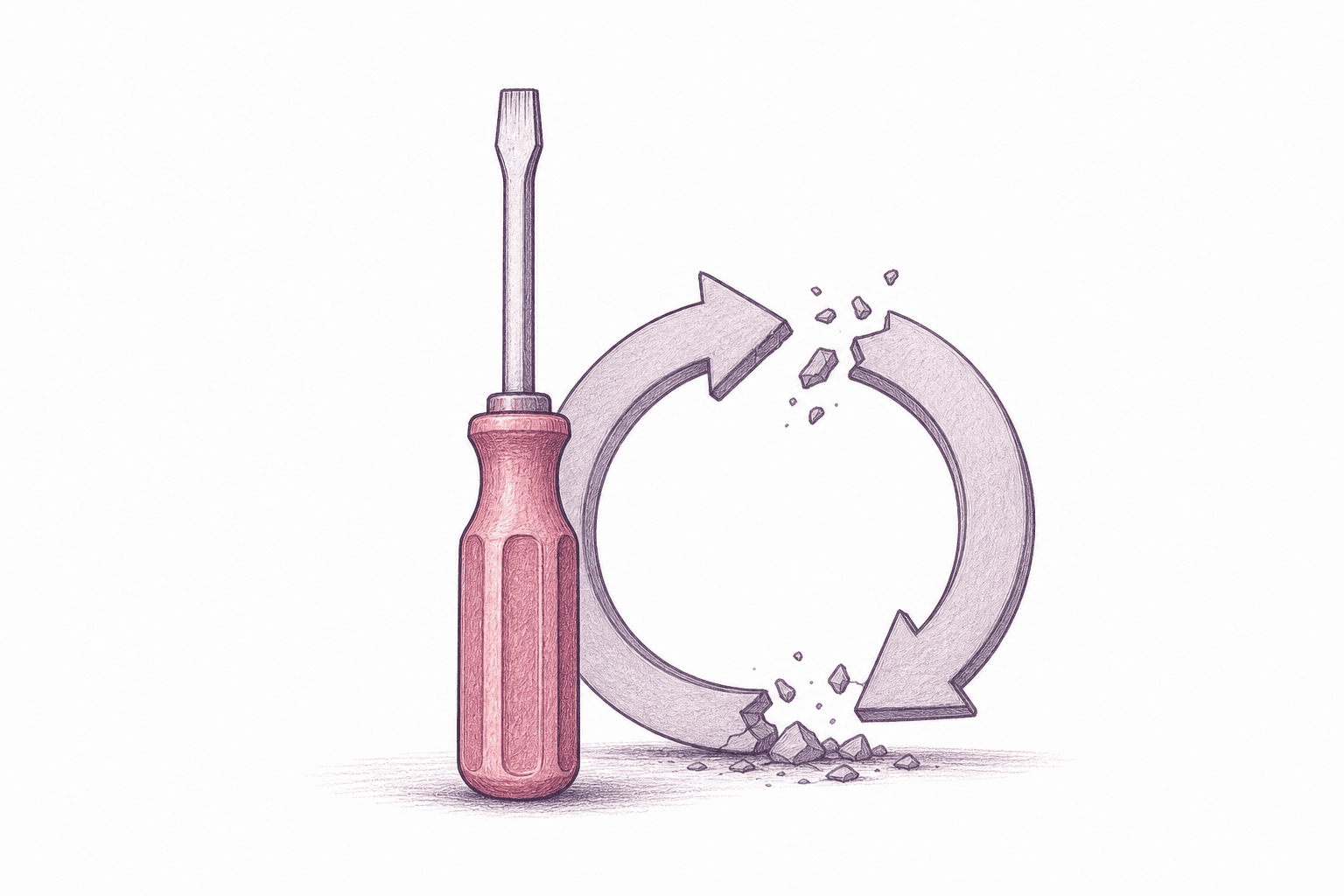 Editorial illustration of a durable tool standing beside a broken recurring subscription loop.